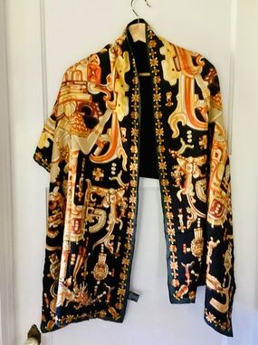 Pineda Covalin Silk Velvet Shawl Scarf Black Orange Mexican Designer Tribal Folk
